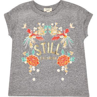Mini girls grey floral print T-shirt
